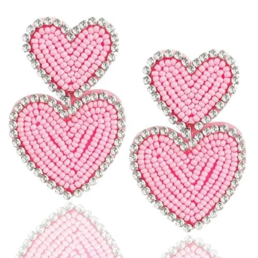 Pink Beaded Double Heart Drop Earrings‎ Rhinestone Border Statement Jewelry